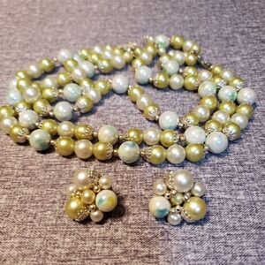 3 Strand Glass Beaded 1950 Vintage Necklace And Earring SET Made In Japan